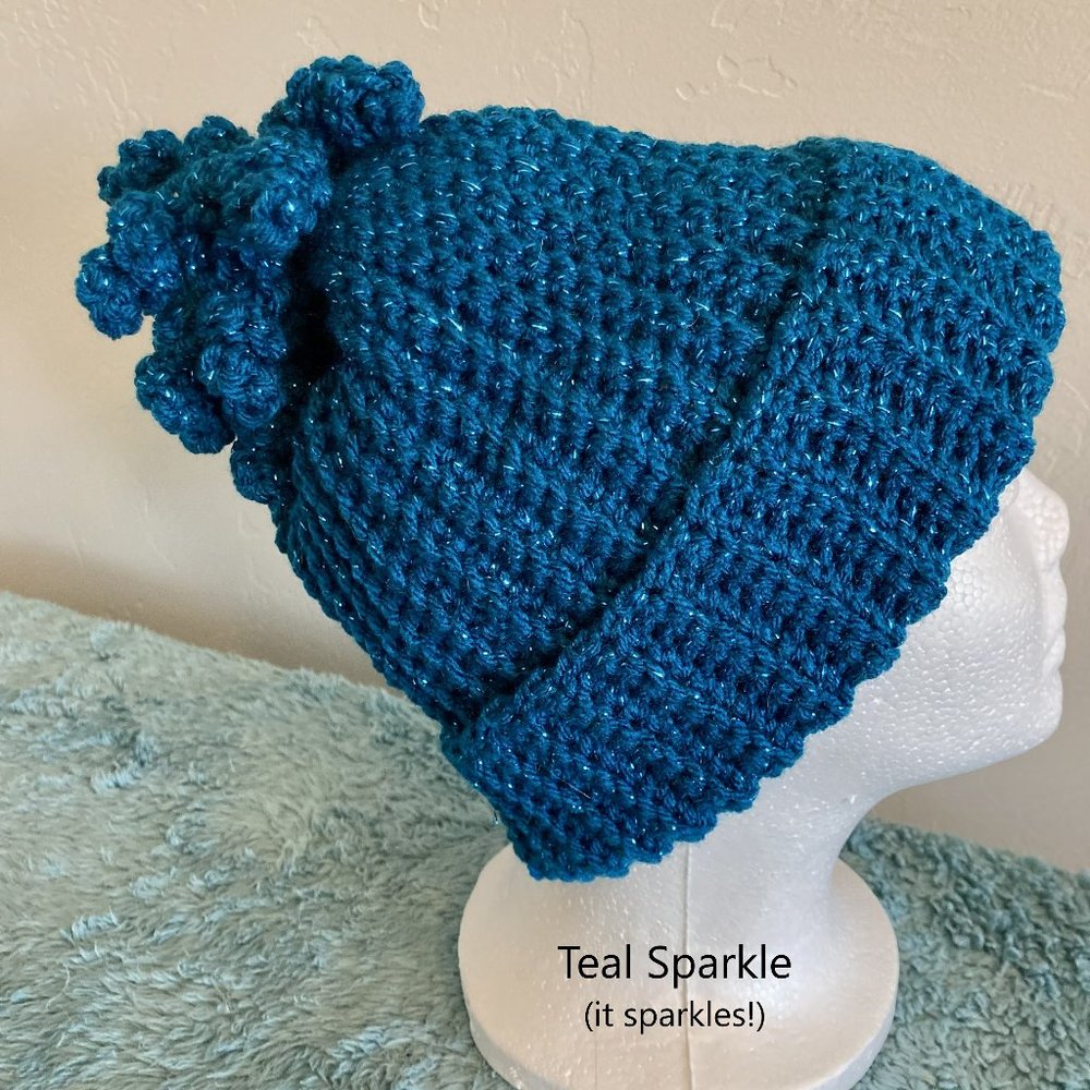 Adorable adult Beanie with Fringe! Color: Teak Sparkle (with silver sparkles)